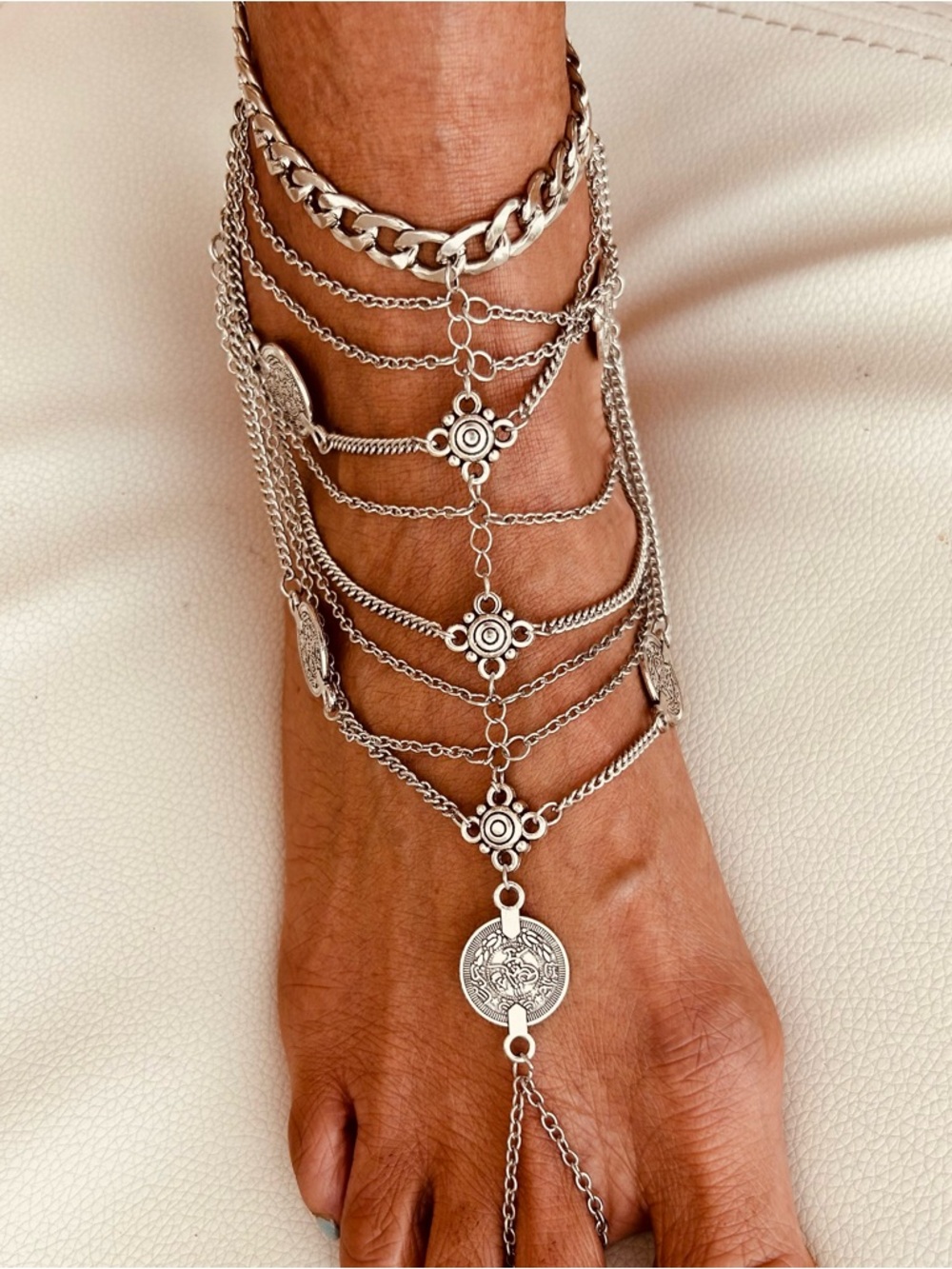 Boho Beach Multi-Layer Silver Anklet‎ Foot Chain with Coin Charm